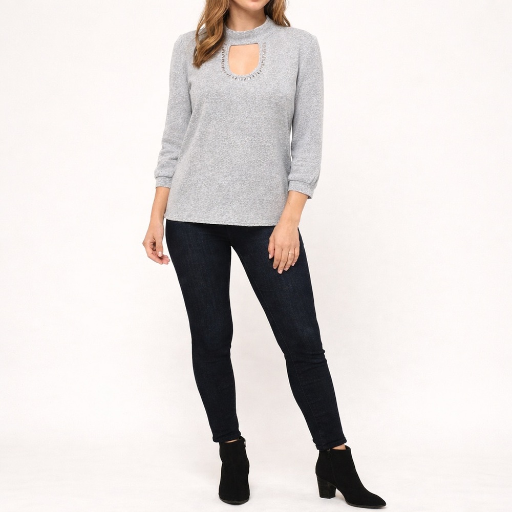 89th + Madison Embellished Knit Sweater | Gray | 3/4 Sleeves | Size XL